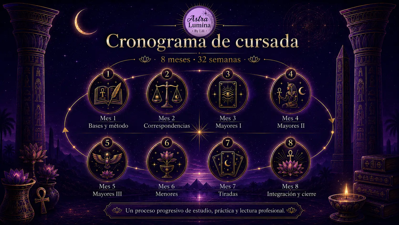 Cronograma de cursada: 8 meses 32 semanas — Mes 1 Bases y método, Mes 2 Correspondencias, Mes 3 Arcanos Mayores I, Mes 4 Arcanos Mayores II, Mes 5 Arcanos Mayores III, Mes 6 Menores, Mes 7 Tiradas, Mes 8 Integración y cierre